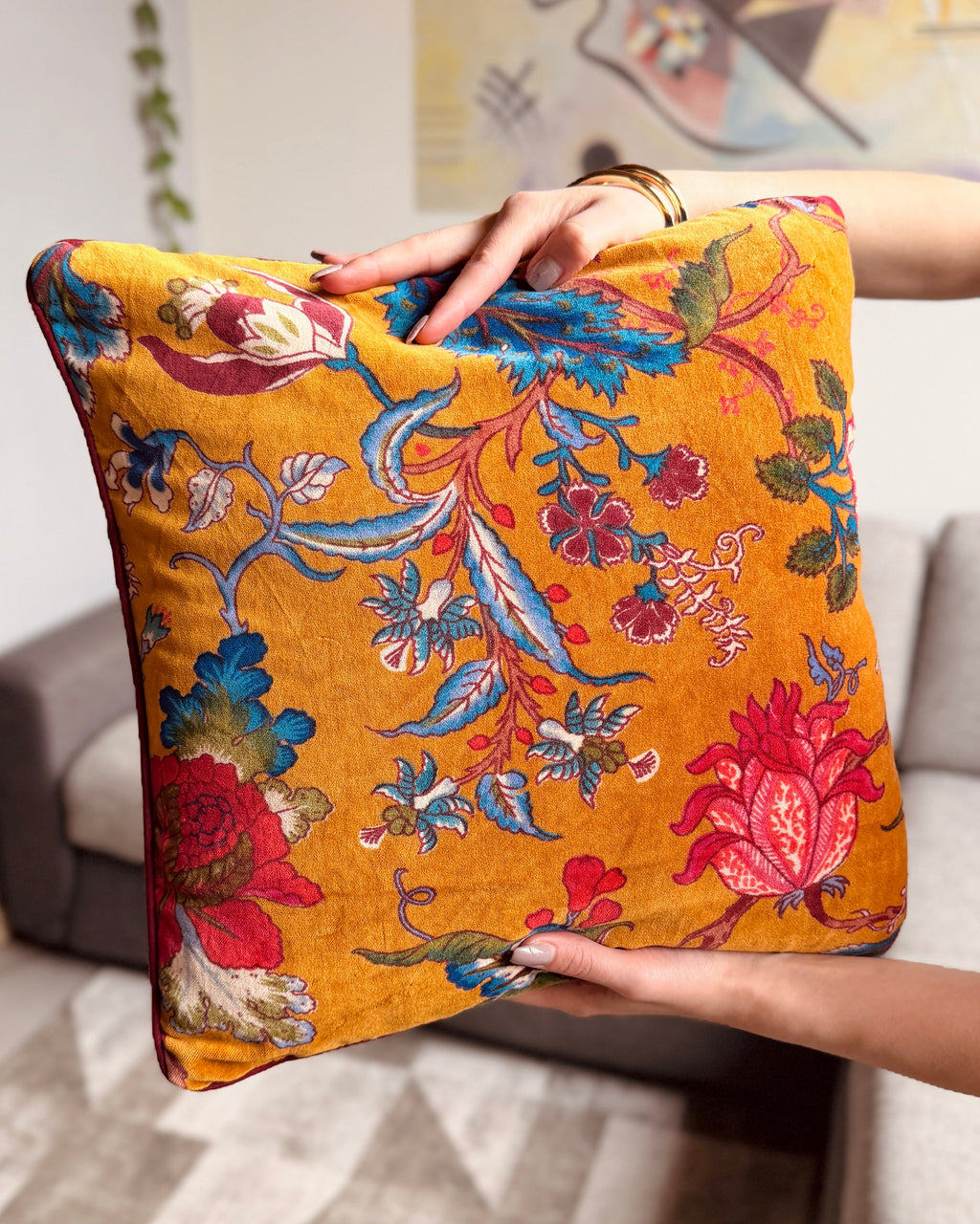 Set di 2 federe copricuscini Reversibile 40x40CM in Velluto di Cotone colore Senape e Cyan