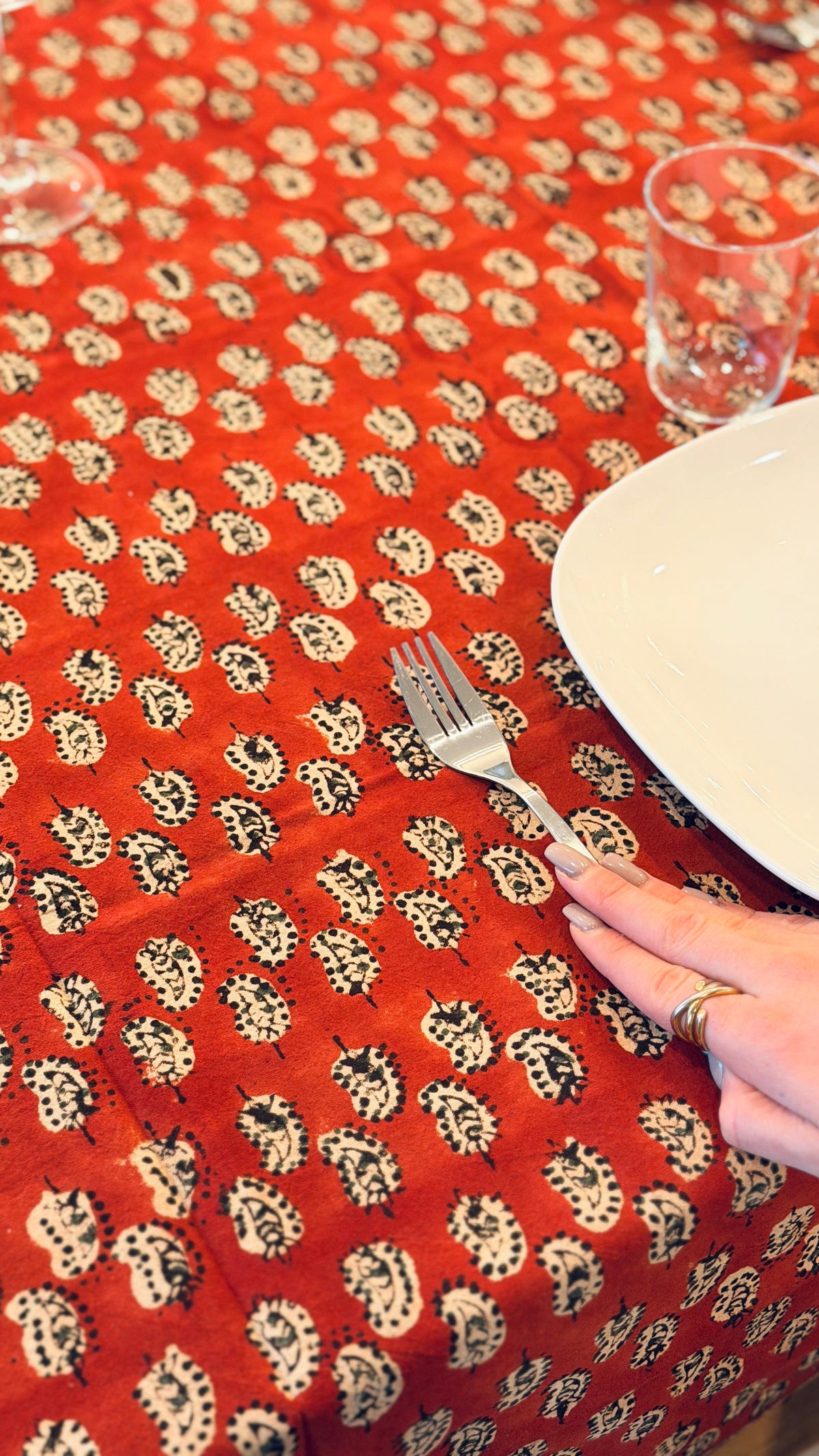 Tovaglia d'Arredo e Mezzero in Cotone Block Print – Rosso Terra 150x220