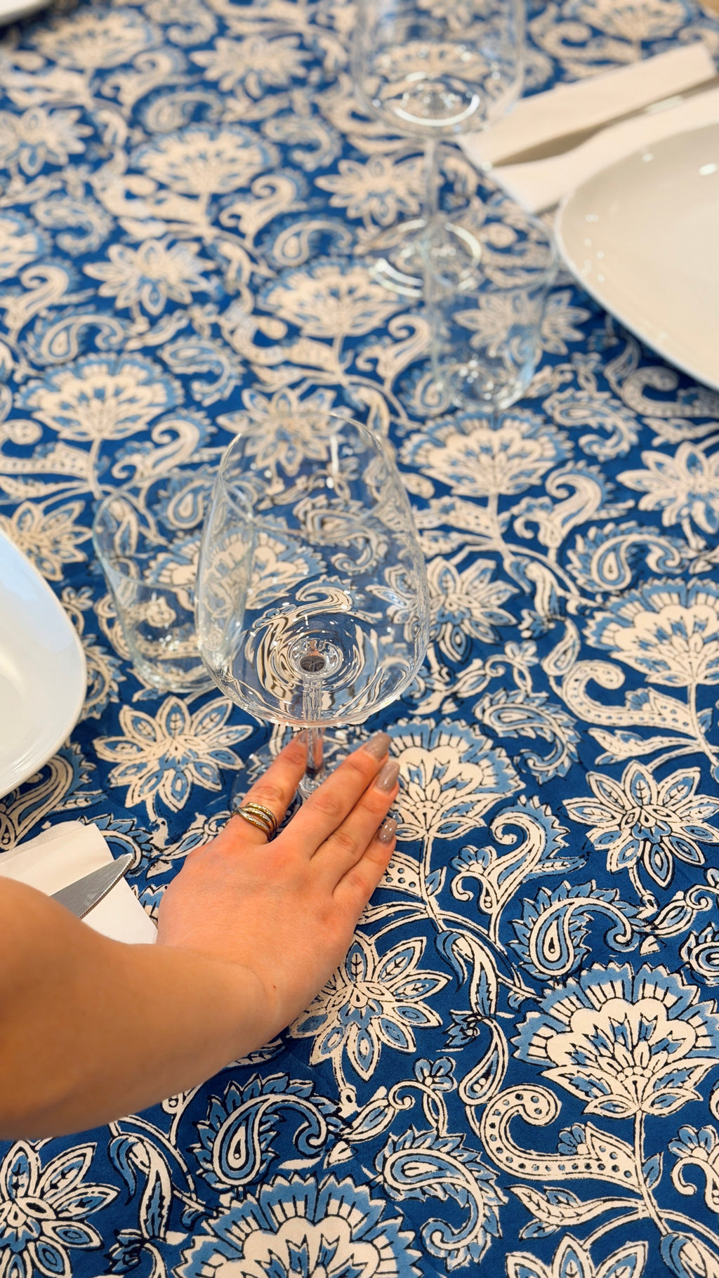 Tovaglia d'Arredo e Mezzero in Cotone Block Print – Blu Indigo 150x220