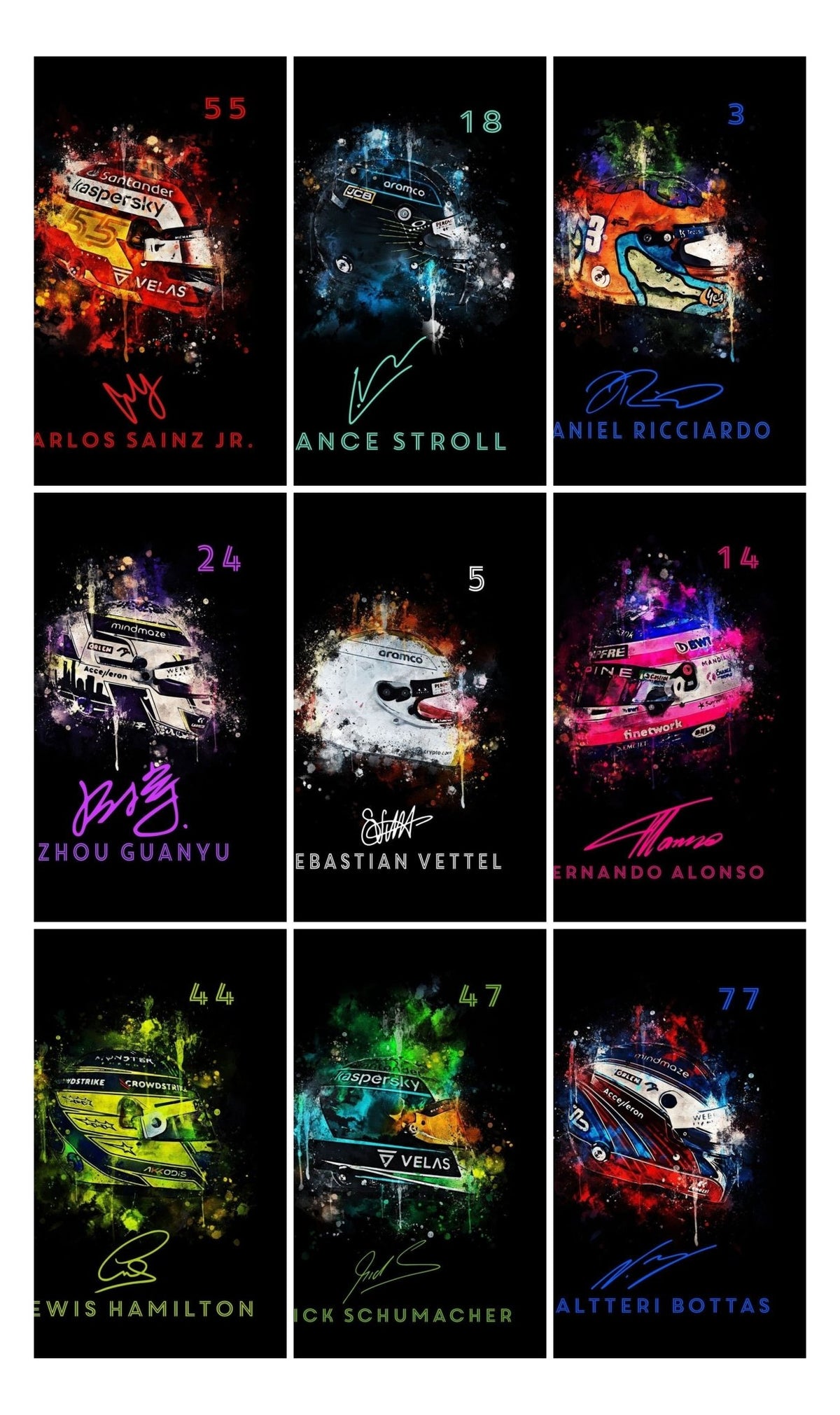 Poster Formel 1 Helm Aquarell Rennfahrer Name Unterschrift Rennnummer · Deko Print ohne Rahmen - Decor Vibe